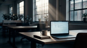 Leeg kantoorbureau met laptop en bijna lege inbox in ochtendlicht, beeld voor dataverlies zonder Microsoft 365 back-up