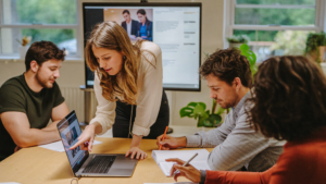 Microsoft Teams implementeren in het MKB: team van vier collega's overlegt samen achter een laptop op kantoor