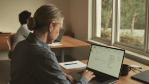 Zakelijke e-mail beheren op een laptop in een klein MKB-kantoor